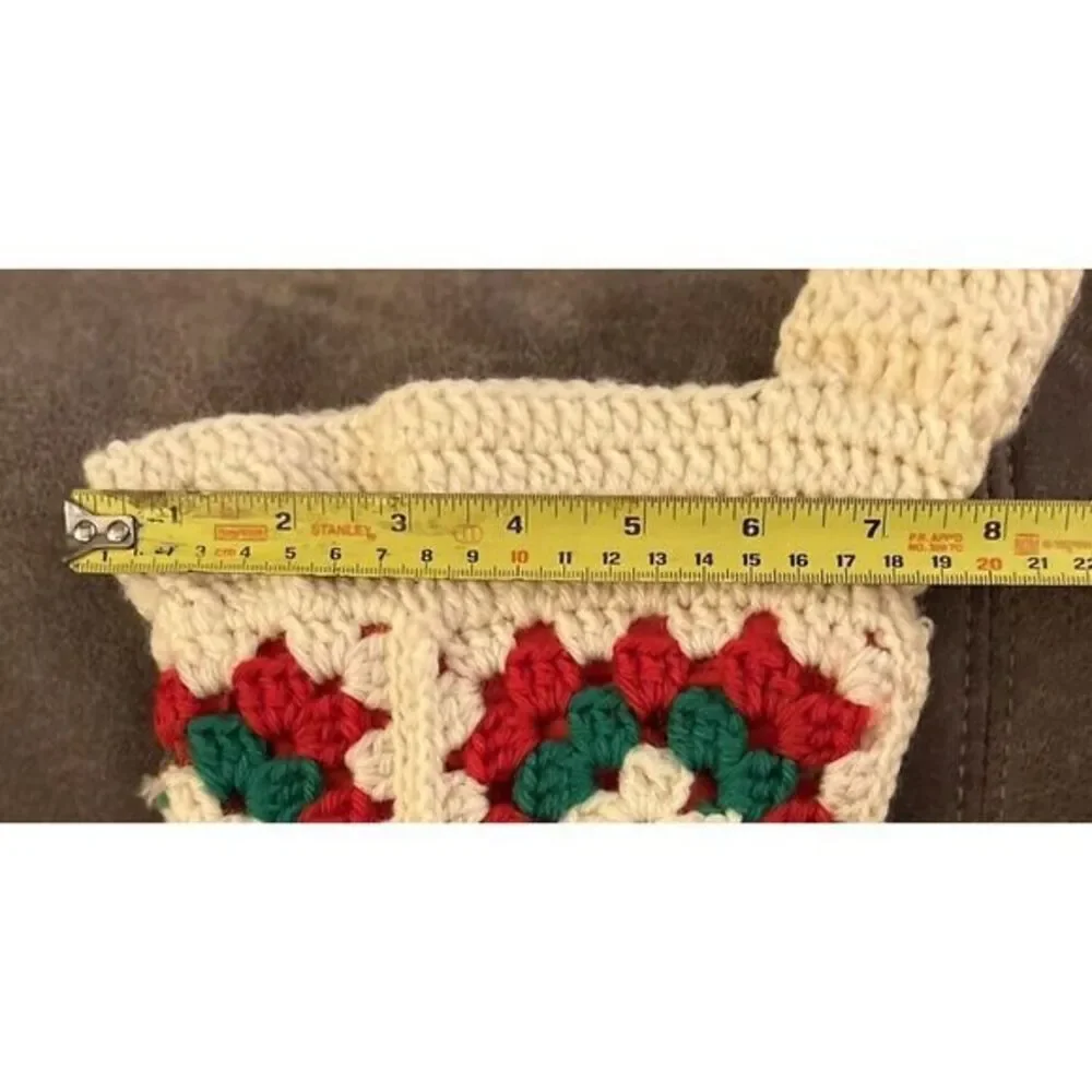 Vintage Handmade Christmas‎ Stocking Granny Square Crochet White Green Red 20x8